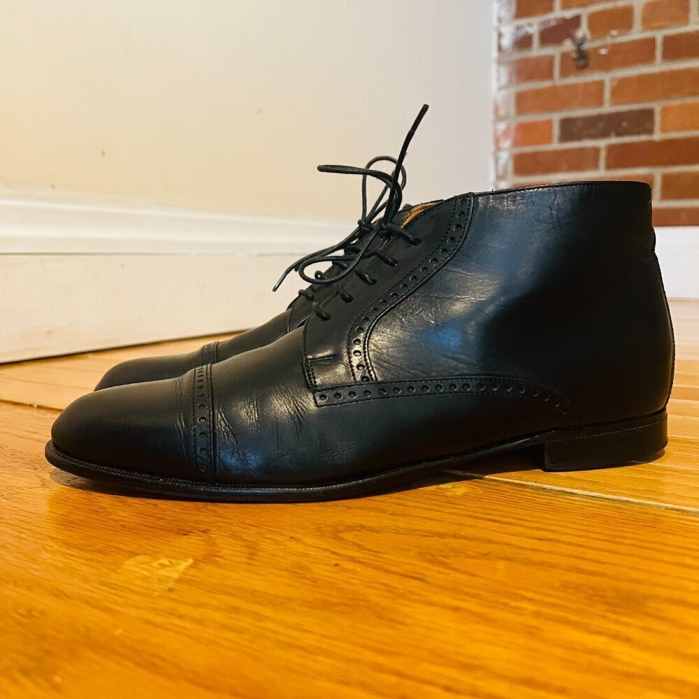 VTG Bostonian Oxford Ankle Boots Mens 9.5 Black Leather Lace Up Chukka Italy